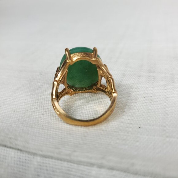 Beautiful Vintage Unique Polished Brass Bamboo Cardinal Oval Jade Stone Ring - Picture 4 of 7